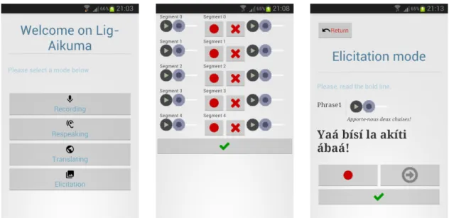 Fig. 2. Screenshots from the L ig -A ikuma application: from left to right, i) the home view ; ii) the summary view after respeaking is done, the speaker may play and edit every segment; iii) the elicitation mode