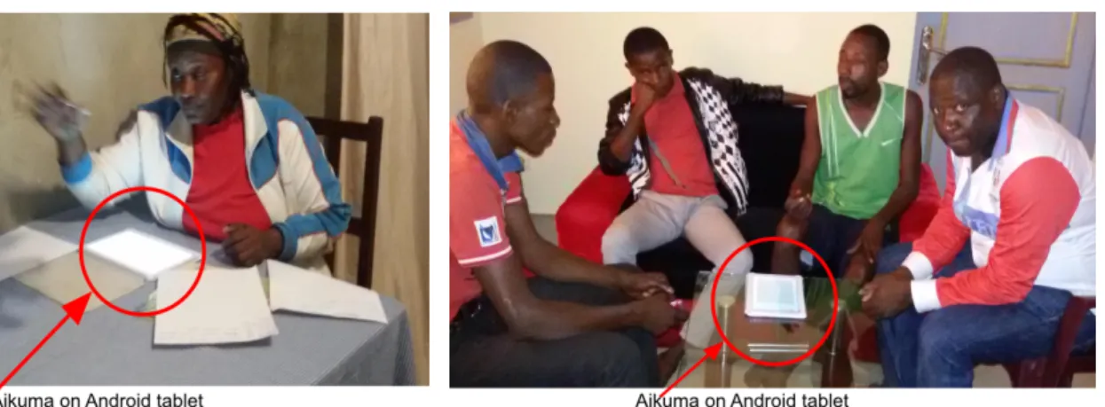 Fig. 3. Examples of the use of Aikuma on Android tablets for data collection: elicited verb conjugations spoken by a native Mboshi woman (left) and free conversations involving several speakers (right).