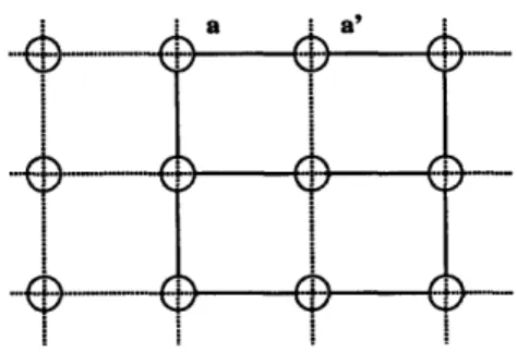Figure  2-1:  Cluster-states or  graph-states can  be mapped  onto a d-dimensional  graph where  qubits  are  represented  by  lattice  sites  (circled)  and  the  lines  that  connect neighboring  vertices  a, a'  indicate  that  Hit  has  been  applied  