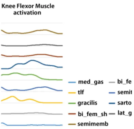 Figure 5: Hip, knee and ankle angles (rad) evolution during a mean cycle.