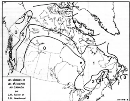 Figure 1. Carte des zones sismiques du Canada, 1970. Probabilité de séismes destructifs: Zone  0 - négligeable; Zone 1 - faible; Zone 2 - moyenne; Zone 3 - plus grande probabilité.