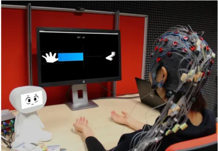 Figure 1: A participant training to perform mental tasks on the right with PEANUT, the first learning companion dedicated to MI-BCI user training, on the left.