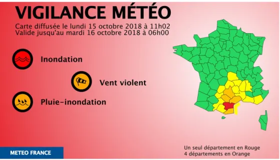 Figure 1: MeteoFrance vigilance map, 15 October, 11am (source: MeteoFrance)