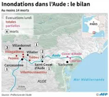 Figure 2: Map of the flooded area, with victim counts, and evacuated towns. Source: Pr´ efecture de l’Aude