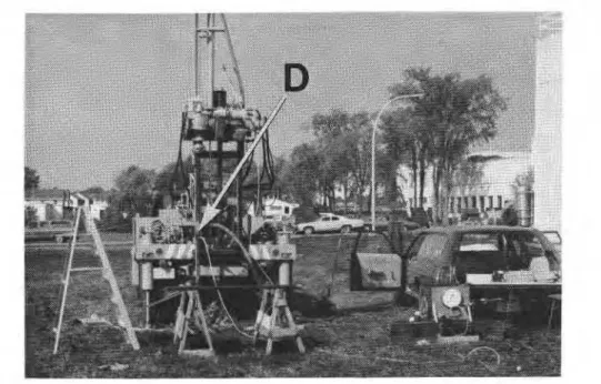 FIG. 5.  Probe mounted on the drill rig. D  =  T-connection for the drainage hose. 