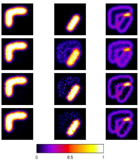 Fig. 3. Comparison of algorithms on synthetic data with a SN R of 10. First row correspond to ground truth