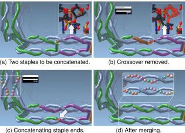 Fig. 8: Creating crossovers using scale-adaptive operations: (a) at a potential scaffold crossover location (arrow), the scaffold is broken, (b) first the right strand then (c) the left strand; (d) the newly created ends are concatenated.