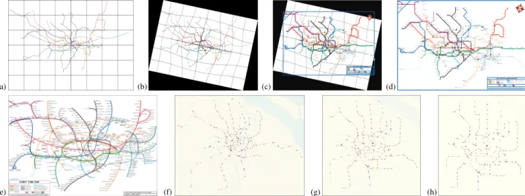 Fig. 1. Abstracted subway network maps: (a)–(e) creation of an abstracted map by the map researcher and psychologist Maxwell J