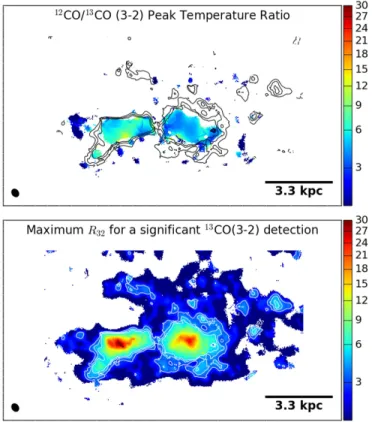 Figure 5. Top: map of the 12 CO / 13 CO ( 3-2 ) brightness temperature ratio. The