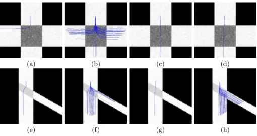 Fig. 2. Tractography Results on Phantom Data. First row: crossing phantom, Second row: bifurcation phantom
