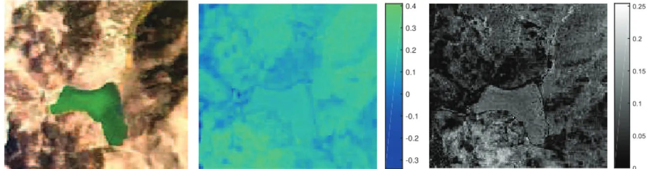 Fig. 3. (Left) Tahoe data set. (Middle) Estimated map P. (Right) Sum of absolute differences between abundance maps estimated by LU and NLU
