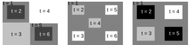 Fig. 1. Simplistic example of joint segmentation with J = 3 and K = 5. The regions in each image are numbered and the colors identify the classes