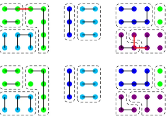 Fig. 2. Example of links sampled within the GSW algorithm. The dashed lines delimit the regions in the images, the thick lines are links and the colors represent the classes
