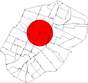 Figure 2 . Snapshot of the city evacuation model: the red circle is the hazard perception area, the green circles the evacuation sites and the blue triangles the drivers.