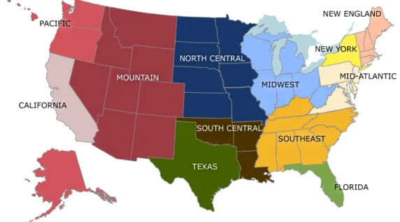 Figure 2. Regional aggregation of US states. New England (NENG): ME, NH, VT, MA, CT, RI