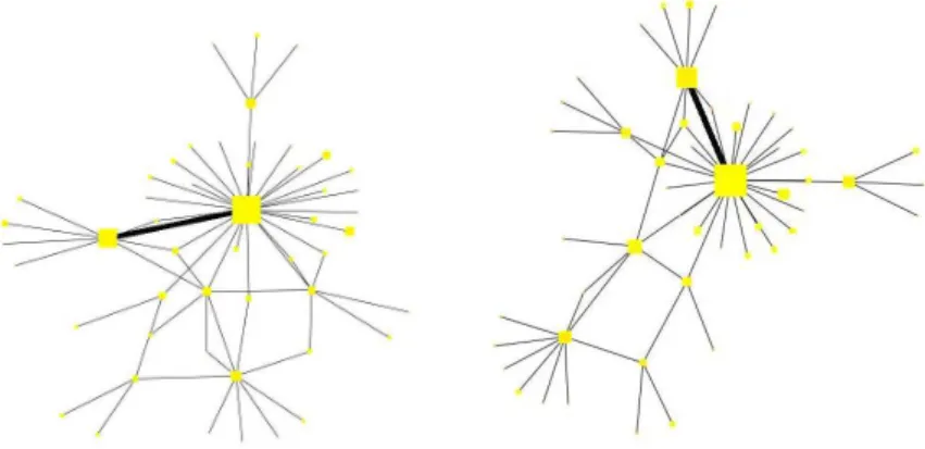 Figure 1: Force-directed algorithms used for a simplified representation coming from spectral clustering (left) and kernel k-means (right)