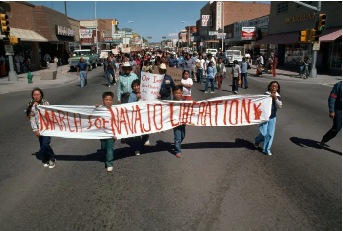 Figure 7: Children lead Navajo protest march with “March for Navajo  Liberation” banner