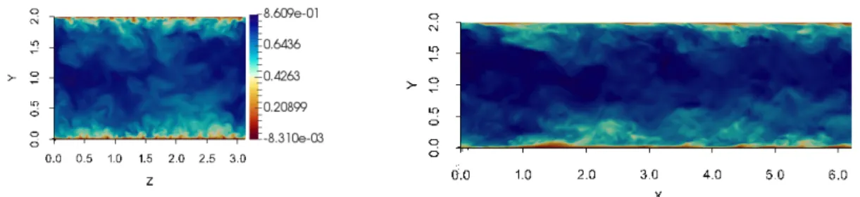 Figure 6: Instantaneous streamwise velocity fields extracted on the IP and the OP from the DNS of channel flow.