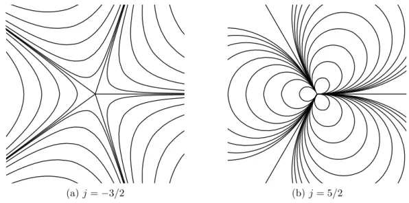 Figure 3: Examples of integral manifolds of sections of P T ( C \ {0}) near half-integer index singularities.
