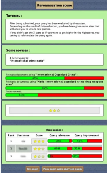 Fig.  2  shows  the  tutorial  part  of  the  game.  Both  the  query  and the information need are displayed (the entire TREC topic  composed  of  the  title,  description,  and  narrative  when  available)