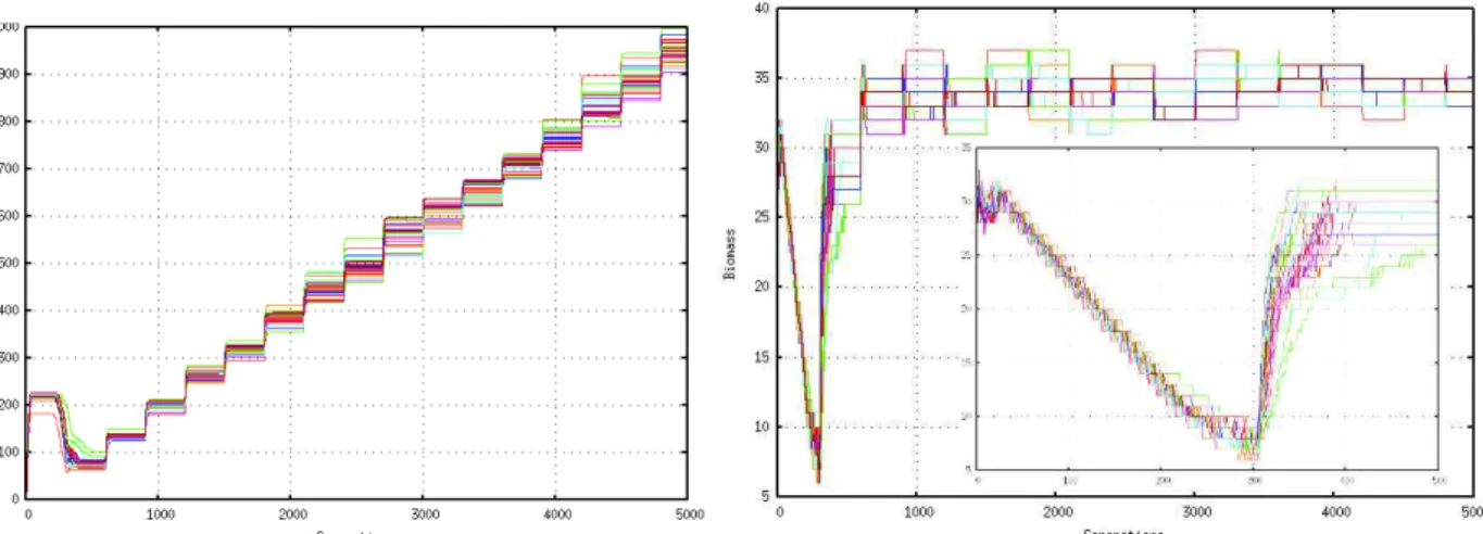 Fig. 2 Left-Hand. The Growth rate runs, which we have replicated 30 times with quantitatively the same results, representing the optimal values of the whole of the bacteria for 5000 steps