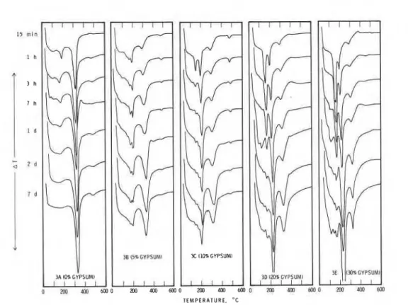 Fig.  3  -  Differential thermal behaviour of CqAF+gypsum (140 MPa)  hydrated to  different periods at 80°C  16  -  12  -  -  -  -