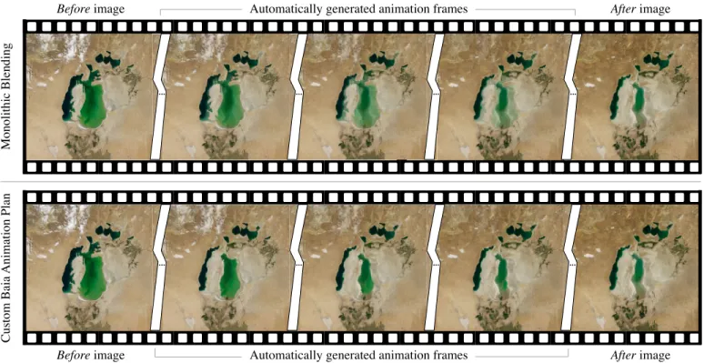 Fig. 1. Keyframes from the Aral sea animation generated using a before image from 2000 and an after image from 2010