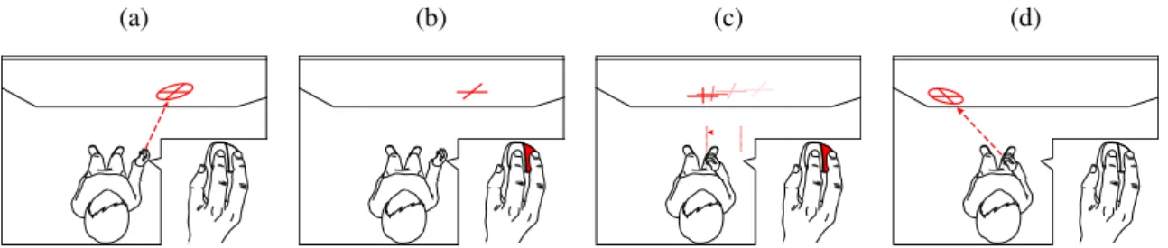 Fig. 8: Laser+Position. RayCasting for coarse pointing (a). Pressing a button switches to Precise mode (b)