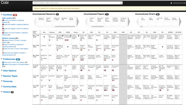 Figure 2. Cobi’s scheduling tool consists of the top panel (top), the sidebar (left), and the unscheduled panel and main schedule table (right).