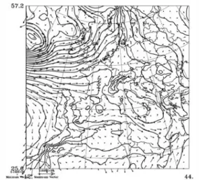 Figure  1:  ECMWF  surface  chart  of Sept.  17,  1999  at  12  UTC with  SLP  (contours  every  '2  hPa)  and  wind vectors