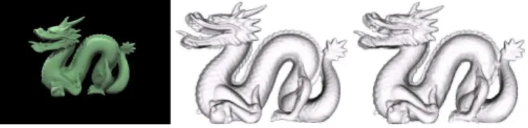 Figure 3: Synthesized dragon sequence. From left to right : 1 of 32 diffuse input images; ground truth model; recovered shape by our algorithm;