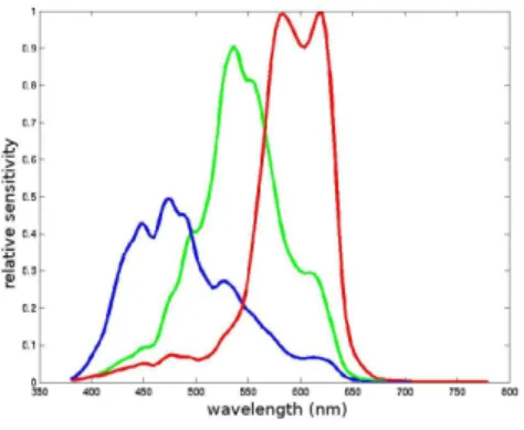 Fig. 1. The spectral sensitivities of a typical camera. From [15].