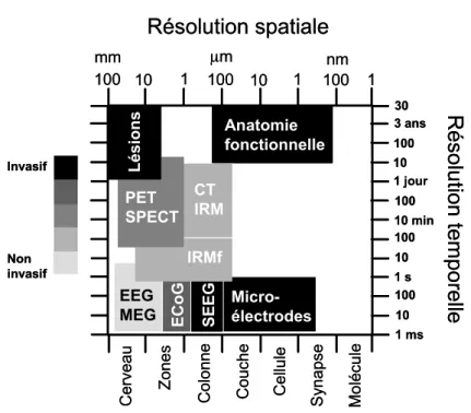 Fig.  1.1. Schéma comparatif des résolutions temporelles et spatiales des différentes techniques  de recueil de l'activité cérébrale