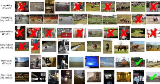Figure 4: Sample of filtered Flickr images with matching tags, and top-ranked results by our method, for difficult example queries (filtered Flickr input precision 52%, 25% and 3%).