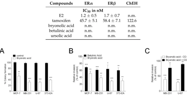 Table 3. Competition assays on ERs and measure of ChEH inhibition. Binding of radiolabelled 17β-estradiol (E2) to the ERα and ERβ were measured at different concentrations of compounds as described under “Materials and Methods.” For the ChEH inhibition tes