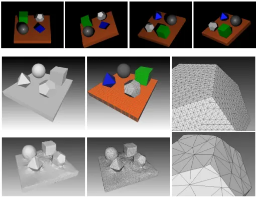 Fig. 3. A simple synthetic example. Top row: 2 camera / light pairs out of the 32. Middle row: