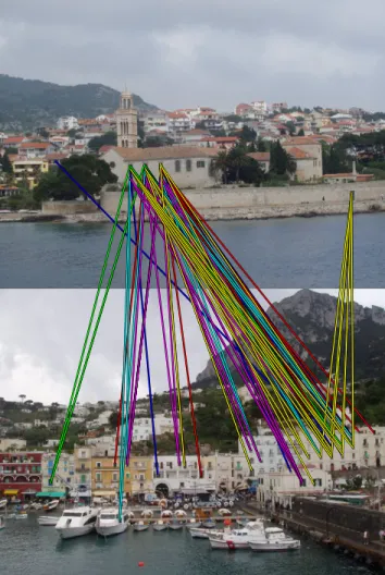 Figure 2. Example of non-corresponding images with multiple point matches. Lines of the same color represent matches based on the same visual word.