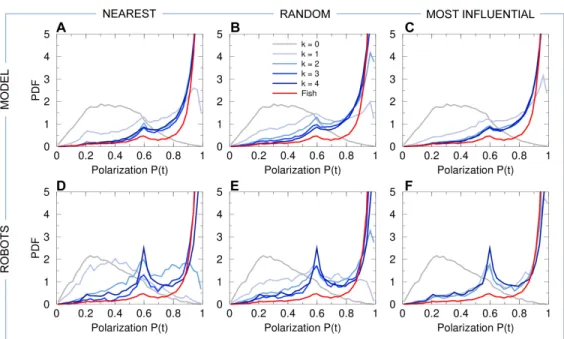 Fig 5. Group polarization. PDF of the group polarization P for fish experiments (red line in all panels), model simulations (panels ABC), and robot experiments (panels DEF), compared to the corresponding null models (k = 0, no interaction