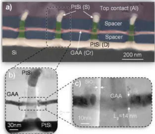 Fig. 1: VNWFET device [1]: (a) STEM image in cross section of the vertical  transistor implemented in nanowire arrays, (b) single nanowire showing its  (c) gate formation