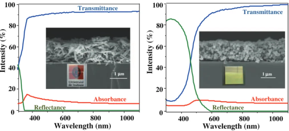 Fig. 7. Transmittance, reﬂectance and deduced absorbance spectra of ZnO (left) and Cu 2 O (right) measured on thin ﬁlms at room temperature