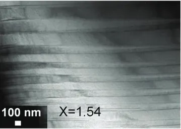 Fig. 5. Bright field TEM image of a single quadratic phase Mn 3 − x Co x O 4 ceramic sample for x = 1.54 (conventionally sintered) showing L lamellae corresponding to needle-shaped twins (i.e