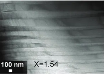 Fig. 5. Bright field TEM image of a single quadratic phase Mn 3 − x Co x O 4 ceramic sample for x = 1.54 (conventionally sintered) showing L lamellae corresponding to needle-shaped twins (i.e