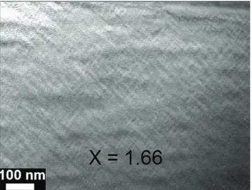 Fig. 6. Bright field TEM image of a single quadratic phase Mn 3 − x Co x O 4 ceramic sample for x = 1.54 (sintered by SPS) showing L lamellae that are very much finer (maximum width value is a few tens of nm) than those of the sample with the same value of