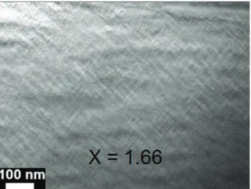 Fig. 6. Bright field TEM image of a single quadratic phase Mn 3 − x Co x O 4 ceramic sample for x = 1.54 (sintered by SPS) showing L lamellae that are very much finer (maximum width value is a few tens of nm) than those of the sample with the same value of