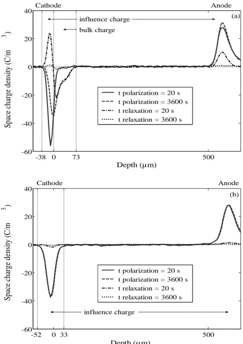 Figure  2:  Space  charge  profiles  during  and  after  DC  stressing  under  40kV/mm