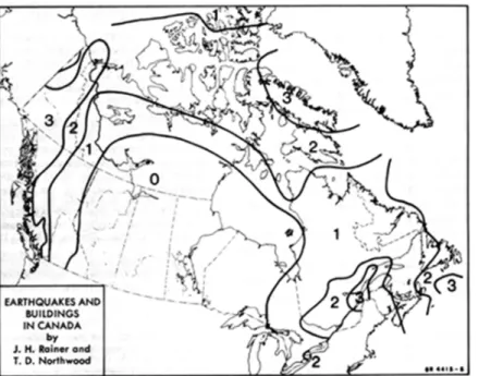 Figure 1. Seismic zoning map for Canada, 1970. Probability of damaging earthquakes: Zone 0 - -- negligible; Zone 1 ---- small; Zone 2 ---- moderate; Zone 3 ---- greatest.