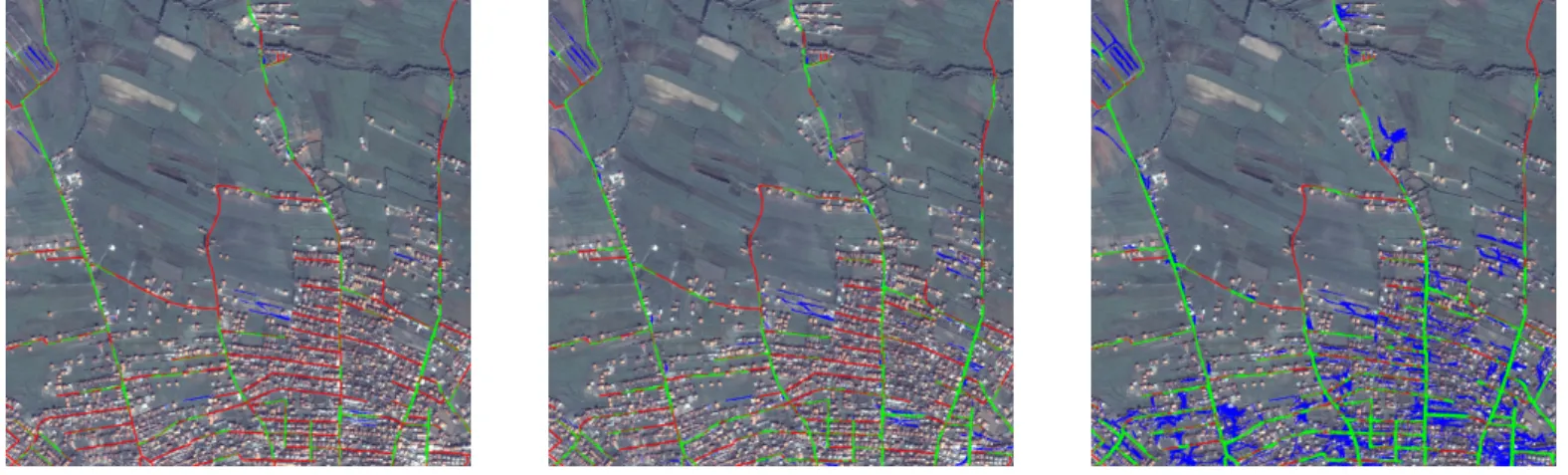 Fig. 12. Illustration of road network extraction with correctness preferred (left), completeness preferred (right), or compromise between both objectives (center)