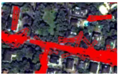 Fig. 3. Illustration of overlap among detected road segments (shown with red borders) to be corrected with the maximal overlapping ratio threshold.