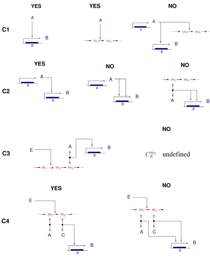 Figure 2. Schematic illustration of the four sufficient conditions for sign determinedness, C1–C4