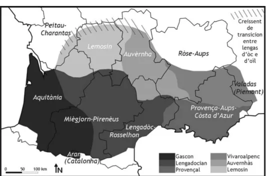 Figura 2. Airal lingüistic e division dialectala de l’occitan